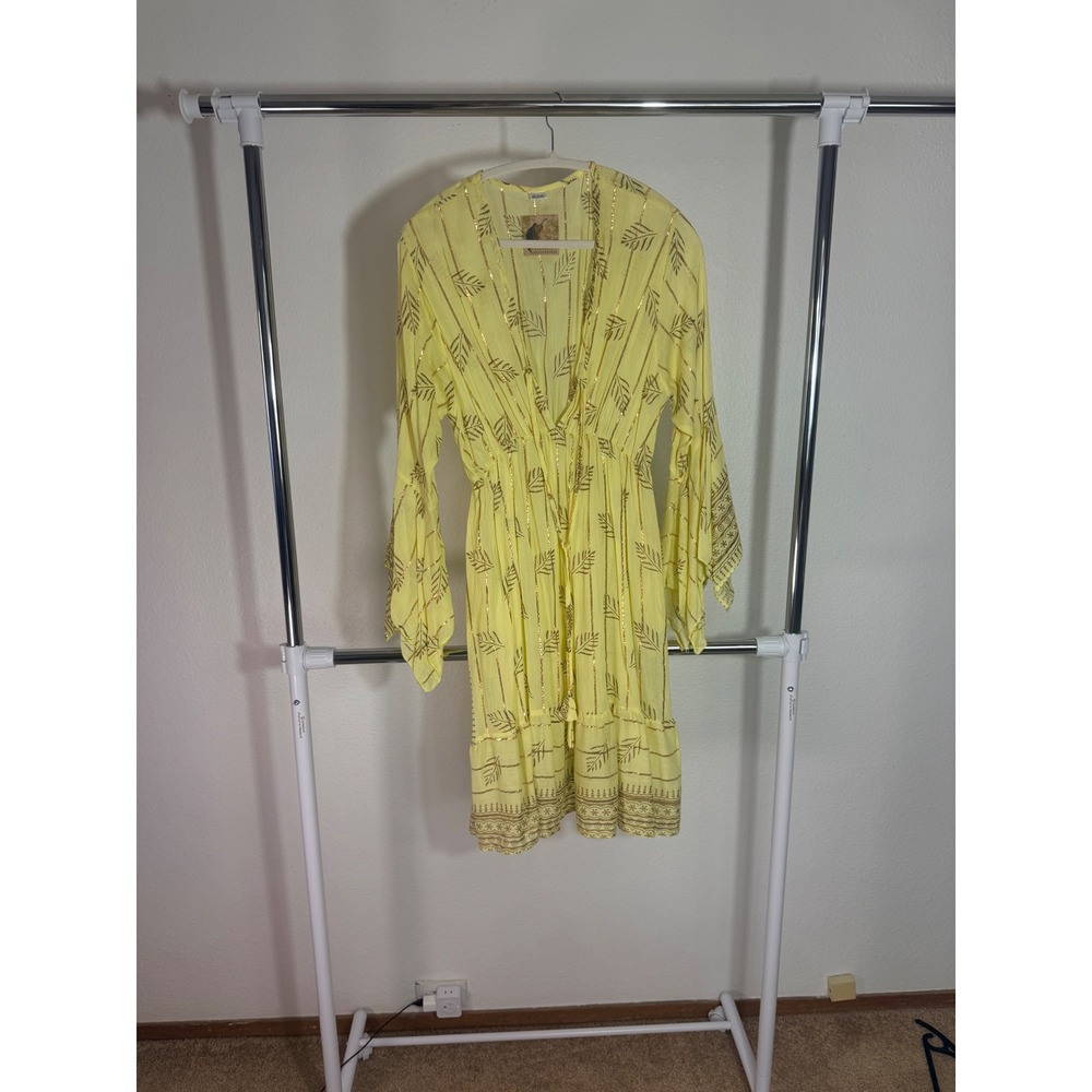 Chimera Amsterdam Yellow Gold Lurex Stripe Boho Bell Sleeve Mini Dress V-Neck